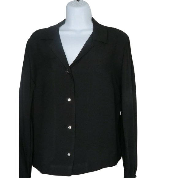 Vintage 70s Koret of California Black Button Up Blouse M Crystal Buttons Retro - Picture 4 of 12